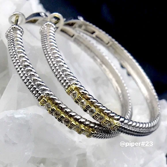 EUC Judith Ripka JR TWO Pave Diamond Large Linen 1.5” Hoop Earrings - Picture 3 of 9